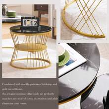Modern Coffee Table Set, High Gloss Coffee Table Set, Sofa Nesting Side Tables With Marble Veneer, Round Side Tables, Set Of 2, Gold-Colored Frame - 黑色 - 查看 2