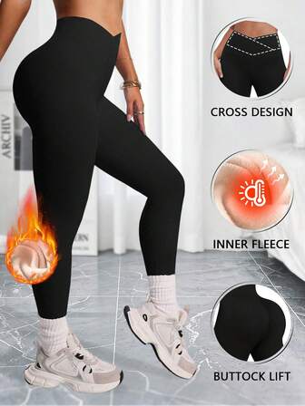 1pc Women's Thermal Leggings, Crossover Waistline Design, Super Soft Thermal Lined, High Waist Skinny Pants, Warm Winter Outer Wear Tights, Elastic Waistband For Abdomen Control And Lifting, Suitable For Workout, Yoga, Running
