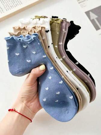 5 Pairs Cute Heart Pattern Mid-Calf Socks For Women, Ruffled Trim, Japanese/Korean Style, Random Assorted, Spring/Summer