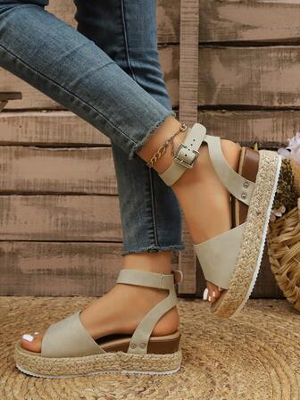 Summer Fashion Casual Straw Buckle Strap Wedge Sandals, Round Toe Ankle Strap Woven Rope Solid Color Metal Strap Slingback Sandals, Versatile For Vacation And Commute