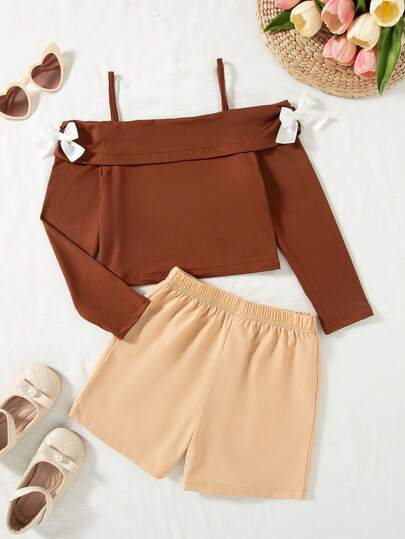 2pcs Girls Casual Outgoing Fashion Solid Color 3D Bow Decor Off Shoulder Strap Long Sleeve Top And Shorts Set, Spring/Autumn