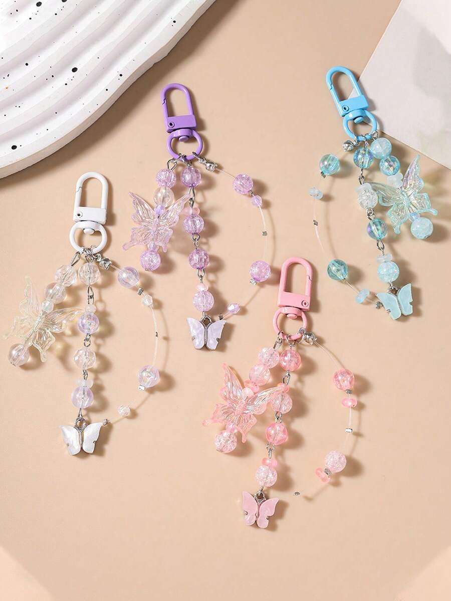 1pc Beaded Keychain, Butterfly Keyring, Bag Charm - Multicolor - View 1