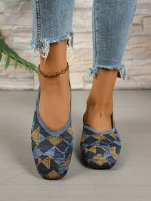 Geometric Pattern Flat Loafers For Women, Soft Sole, Versatile, Breathable, Slip-On, Comfortable Shoes - Blue and Yellow - View 5