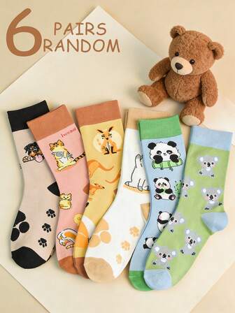 6 pares de calcetines con patrones de familia de animales surtidos, calcetines cómodos y suaves de media pantorrilla para hombres y mujeres, uso casual de moda para primavera/otoño/invierno