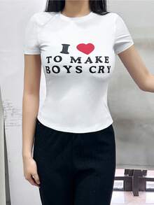 美国宝贝圆领短袖T恤，夏季新款爱心图案和字母印花，修身短款女式上衣 - 白色 - 查看 2