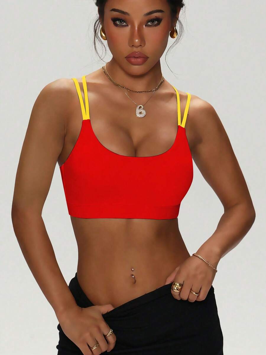Women's Solid Color Round Neck Criss-Cross Removable Padded Fashionable Knit Sports Bra Spring - Multicolor - View 1