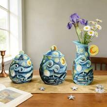 Handpainted Ceramic Classic Oil Painting Series - Vase, Canister, Sugar & Creamer, Coffee Filter Cup, Teapot, Butter Dish, Home & Kitchen Tabletop Decor, Gifts (Starry Sky, Sunflower, Iris) - Multicolor - View 2