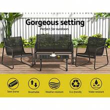 Outdoor Lounge Setting Steel Textilene Sofa Set Table And Chairs Garden Furniture Patio Couch Deck Backyard Rattan Cushion Weather-Resistant Black Of 4 - Black - View 3