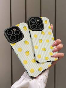 1pc Fashionable Minimalist Blue Striped Lemon & Green Leaf Pattern Vertical Faux Leather Soft Protective Phone Case, Suitable As Birthday, Holiday Gift For Friends, Family, Couples, Fits And Galaxy 17/16 PLUS/16 PRO/16 PRO MAX - Multicolor - View 4