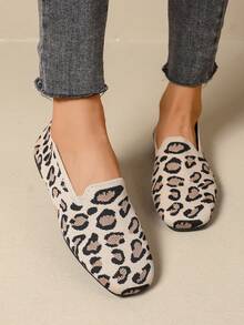 Leopard Print Flat Loafers For Women, Soft Sole Slip-On Casual Breathable Woven Shoes - Khaki - View 2