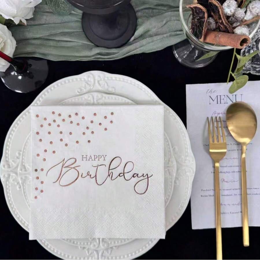 16 piezas Servilletas de papel de 2 capas color oro rosa con texto "Feliz Cumpleaños" - Servilletas desechables absorbentes para la mesa de fiesta/postre, suministros de vajilla decorativa imprescindibles para fiestas de cumpleaños y eventos de celebración para los invitados