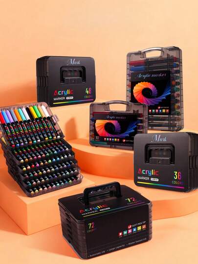 Set de 72 piezas de bolígrafos de marcador acrílico en caja negra pequeña, un bolígrafo de acuarela diseñado específicamente para estudiantes y artistas, con puntas suaves para pintar
