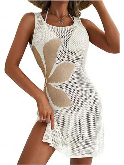2026 Women's Summer Vacation Swimsuit Cover Up Crochet Beach Floral Hollow Out Slit Bathing Suit Sleeveless Cover Up Dresses
