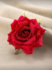 1pc Forest Style Artificial Rose Flower Leaf & Fruit Decor, Fashionable Groom/Groomsman Boutonniere, Suitable For Weddings, Banquets And Other Occasions Valentine's Day Accessories - Red - View 3