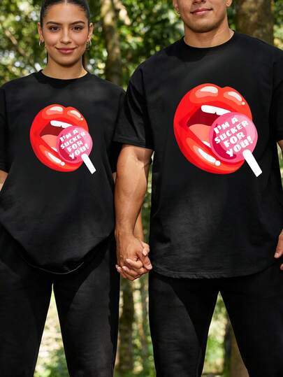 Camiseta de San Valentín I'a Sucker You Red Lips Candy Lollipop, camisetas gráficas para hombres, tops cortos, conjuntos de camisetas para parejas