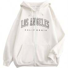 Sudadera con capucha para mujer, con estampado de letras, de manga larga, con cierre, informal, con capucha, bonita playera corta - Blanco + XL - Ver 1