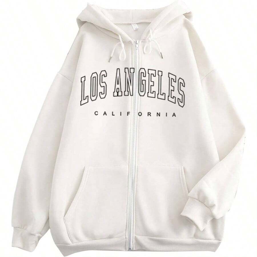 Sudadera con capucha para mujer, con estampado de letras, de manga larga, con cierre, informal, con capucha, bonita playera corta - Blanco + XL - Ver 1