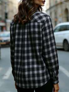 Women's Plaid Collared Long Sleeve Polyester Shirt, Regular Fit, Non-Stretch Top - Black - View 3