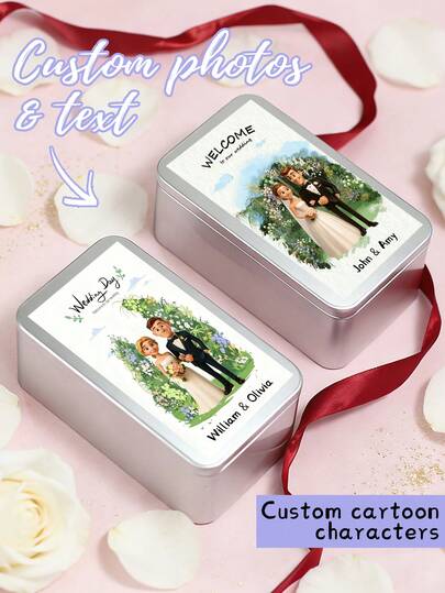Caja conmemorativa de boda personalizada con foto de dibujos animados, set de regalo de novia personalizado, caja de almacenamiento de fotos de hierro, regalo de boda, regalo de aniversario