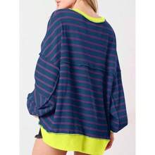 - Sudaderas de rayas de gran tamao para mujer, estilo Henley con bloques de color, estilo casual - marino + CH - Ver 2
