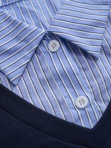 Blusa de manga comprida moderna com estampa listrada e gola em mistura de algodão, modelagem slim e estilo slim. - Azul marinho - Ver 5