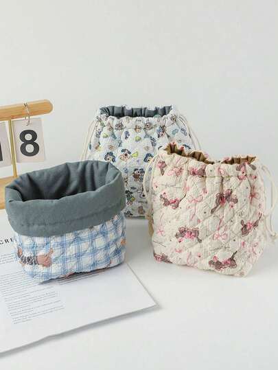 1Pc Cartoon Pattern Print Quilting Desktop Upright Drawstring Storage Bag, Girls Cosmetic Storage Bag, Pencil Holder Storage Basket,Skincare Storage Basket, Large Capacity Multifunctional Storage Bag