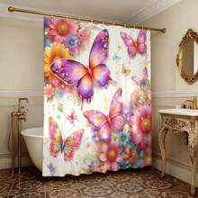 1件花卉图案浴帘，植物设计面料，家居浴室装饰，花卉、蕨类、蜂鸟、蝴蝶，春日自然浴室配件，白色背景上充满活力的植物艺术，保护隐私，优雅的浴室浴帘，涤纶材质，带挂钩 - 彩色 - 查看 2