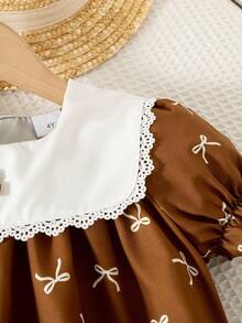 Vestido de verano de longitud hasta la rodilla con mangas de princesa y decoración con estampado de mariposas, informal para niñas - Marrón - Ver 7