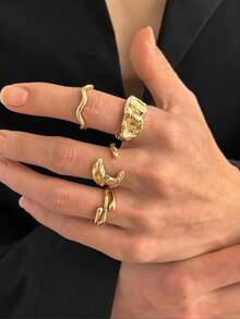 5pcs Vintage Creative Metal Gold Rings Set, Asymmetric Abstract Gemstone Rings, Punk Style Stackable Rings For Men