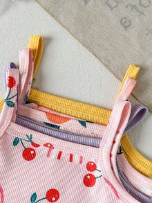 4件套女婴可爱连体衣 - 彩虹、樱桃、橙色和纯色条纹印花，柔软针织面料，适合春夏休闲穿着，女婴 - 彩色 - 查看 3