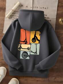 1pc Tween Boys' Casual Printed Pullover Sweatshirt, Thermal Lined, Long Sleeve, Autumn/Winter - Dark Grey - View 3