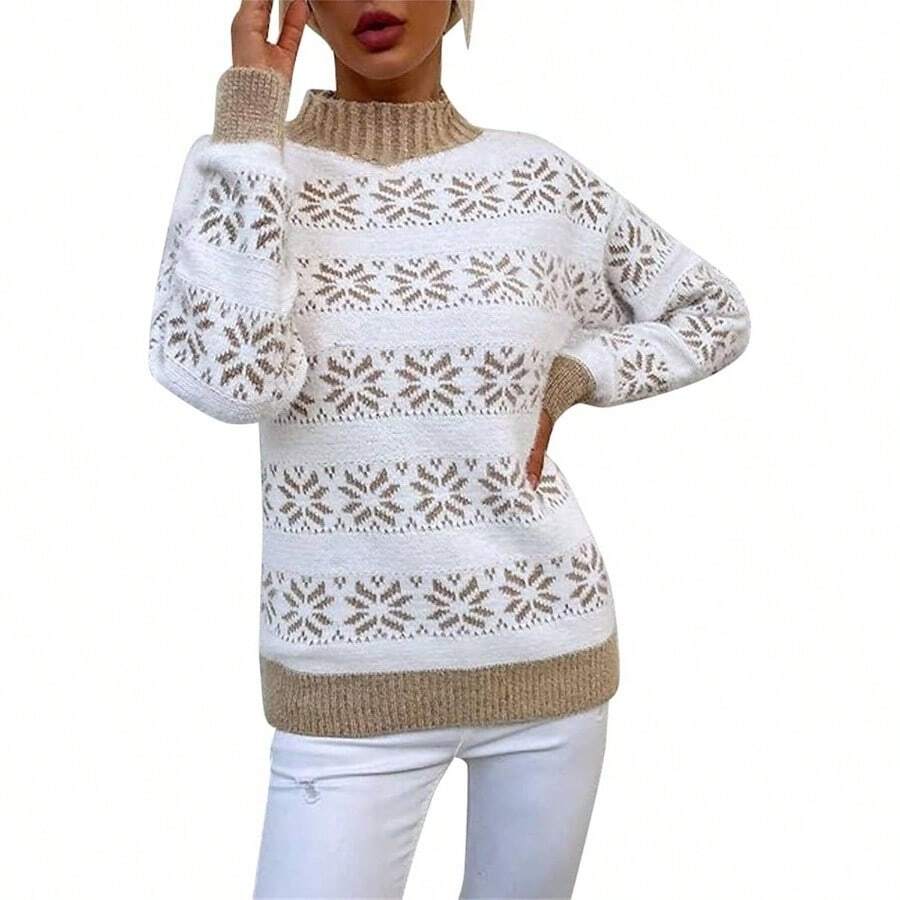 Suter de copo de nieve de Navidad para mujer, de manga larga, liso con tela de punto suave para fiestas de da festivo o reuniones - Caqui + CH - Ver 1