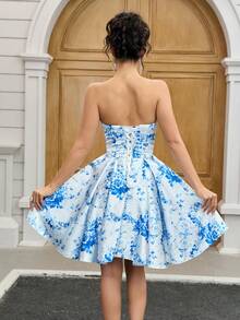 YUMIBRAVO Blue And White Porcelain Print Dresses For Women, Strapless Christmas Party Dress, Party Dresses For Women Satin Ball Gown For Woman Short Prom Dress Graduation Dress Formal Dress Elegant Birthday Dress - 藍白色 - 查看 6