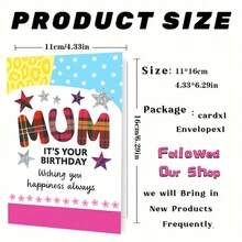 "1pc Vibrant 'MUM IT'S YOUR BIRTHDAY' Greeting Card With Envelope (11cm16cm&4.33in6.29in) - Plaid & Star Design, Perfect For Celebrating A Mom's Special Day, Greeting Card|Mum Birthday Plaid Star Card|Paper Greeting Card" - Multicolor - View 3
