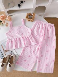 2pcs/Set Young Girls Summer Casual Patchwork Ruffle Hem Sleeveless Camisole And Long Pants Set, Suitable For Outing, Party And Daily Wear - Multicolor - View 4