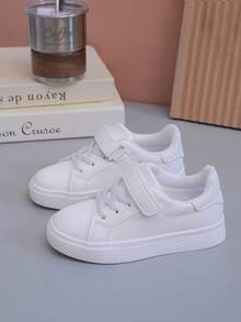 1 Pair White Printed Cute Pattern PU Material Hook & Loop Baby Sneakers, Fashionable Comfortable Non-Slip Wear-Resistant Lightweight Stylish Toddler Walking Shoes, Lasted Construction, Stable Foot Support, Suitable For Daily Wear - White - View 3