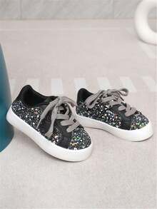 1 Pair Kids Shoes, PU Leather Upper, Shiny Sequin Star Pattern, Breathable Flat Sole, Non-Slip, Versatile Fashion Sneakers For Children, Suitable For Spring, Summer, Autumn, Winter, Casual, Outdoor, Running, School, Basketball, Party, Travel, Infant Performance - Black - View 5