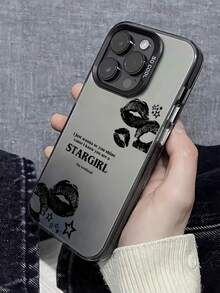 1pc Star & Lip English Text Pattern Colorful Silver IMD Shockproof Phone Case, Compatible With IPhone 11 12 13 14 15 16 17 Pro Max, Unisex - Multicolor - View 2