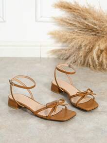 Giày sandal nữ thời trang nhiều quai, buộc nơ, hở mũi, khoét lỗ, gót thấp, thoải mái, đa năng, chống trơn trượt, kiểu La Mã, thích hợp cho trang phục mùa xuân hè. - màu nâu - Xem 5