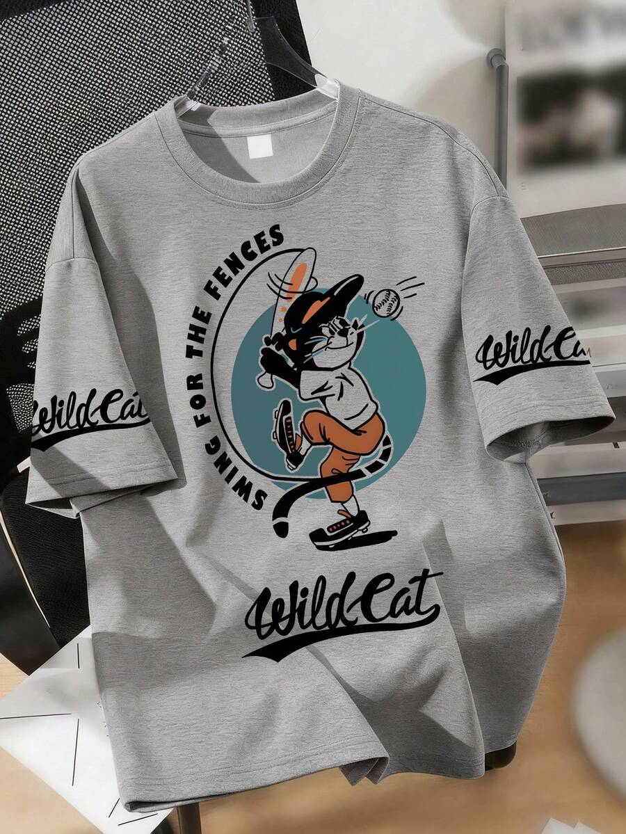 青少年男童酷炫野猫棒球印花柔软面料T恤，休闲运动服，春夏款，青少年男童上衣 - 灰色 - 查看 1