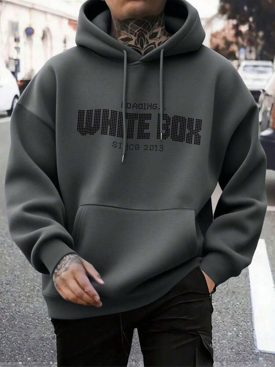 Men's Fashionable Versatile Daily Commute Letter Print Kangaroo Pocket Drawstring Hoodie, Autumn/Winter - Dark Grey - View 1