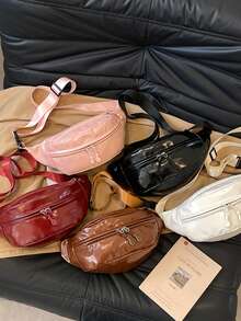 Geantă de talie din piele PU de culoare solidă pentru femei, geantă de piept la modă retro, geantă la subraț, geantă mică crossbody casual cu un umăr pentru primăvară/vară, geantă de piept minimalistă versatilă - Maro - Vizualizare 3