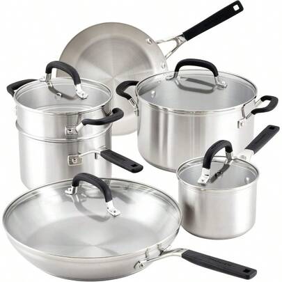 Stainless Steel Cookware/Pots And Pans Set 10 Piece Brushed Stainless Steel