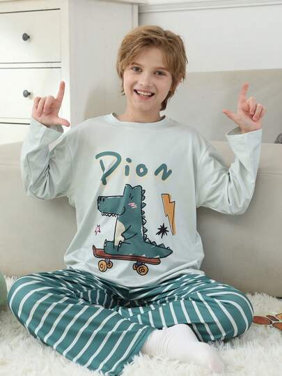 2pcs/Set Toddler Boys' Dinosaur Print Flame Retardant Sleepwear Set, Round Neck Pullover, Autumn/Winter