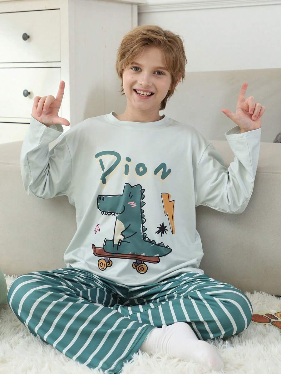 2pcs/Set Toddler Boys' Dinosaur Print Flame Retardant Sleepwear Set, Round Neck Pullover, Autumn/Winter