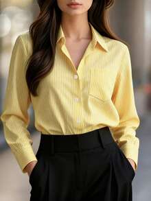 优雅女士黄色条纹长袖纽扣衬衫 - 黃色 - 查看 8