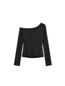 女士露肩长袖T恤，美式设计，修身叠穿上衣，秋季款 - 黑色 - 查看 4