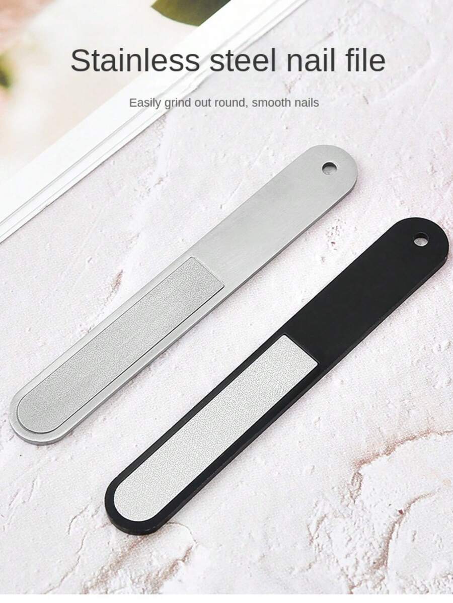 1 pieza Lima de uñas de acero inoxidable, herramienta de cuidado de uñas para manicura, pulido y abrillantado de uñas redonda y plana, herramienta portátil para salón de uñas - Multicolor - Ver 1