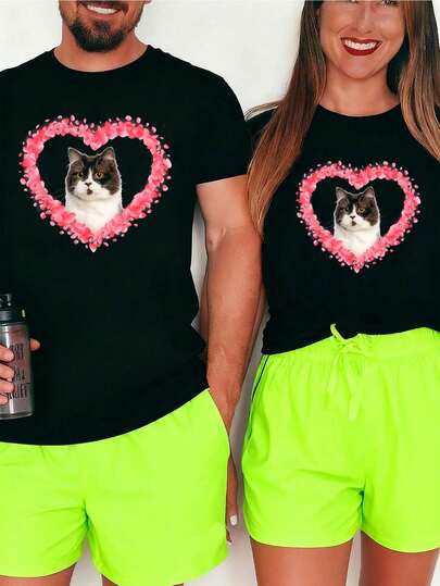 Lindo regalo de corazón de gato de San Valentín 20 camisetas para amantes de gatos, chicas, chicos, parejas, camisetas gráficas para hombres, tops cortos, camisetas de pareja, atuendos artísticos para hombres