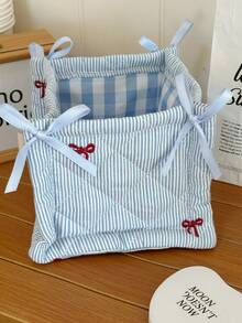 Keranjang Penyimpanan Lipat Bergaris Berlapis, Kotak Penyimpanan Meja Lipat, Tas Kosmetik Ember Pita Kapasitas Besar untuk Rumah, Dekorasi Ruangan - Baby Blue - View 10